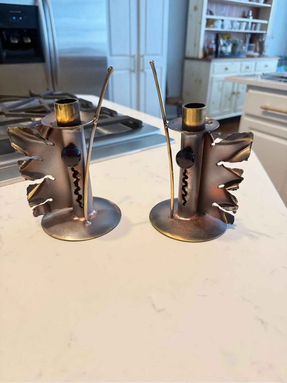 Vintage Brutalist Metal Candlestick Holders Pair Leaf Cobalt Glass MCM Decor
